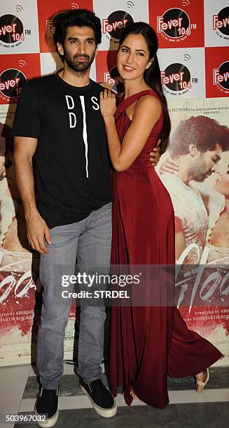 Indian Bollywood actors Aditya Roy Kapur and Katrina Kaif pose for a photograph during a promtional event for the forthcoming Hindi film 'Fitoor'...
