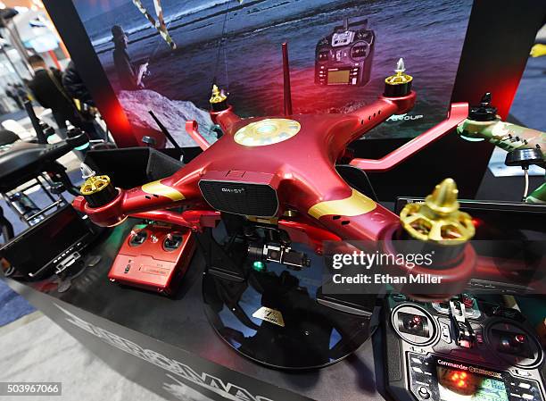 The Ghost Aeromaster quadcopter drone for aerial photography is displayed at the Thunder Tiger Group booth at CES 2016 at the Las Vegas Convention...