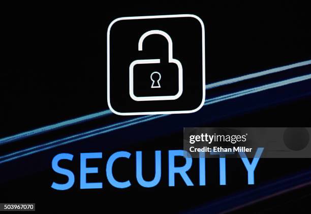 Security logo is shown on screen during a keynote address by Samsung SDS President Dr. WP Hong at CES 2016 at The Venetian Las Vegas on January 7,...