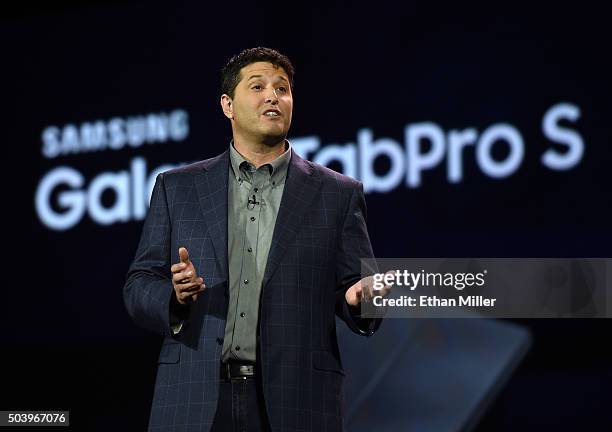 Windows and Devices Group Executive Vice President Terry Myerson speaks during a keynote address by Samsung SDS President Dr. WP Hong at CES 2016 at...