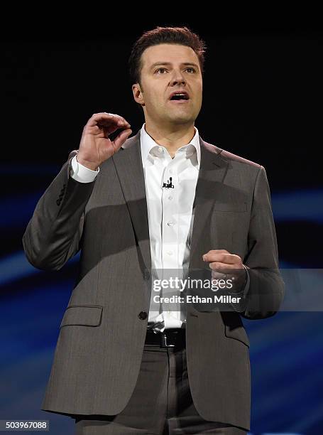 Samsung SDI America Vice President Fabrice Hudry speaks during a keynote address by Samsung SDS President Dr. WP Hong at CES 2016 at The Venetian Las...