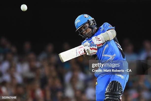 Mahela Jayawardena of the Strikers bats during the Big Bash League match between the Brisbane Heat and the Adelaide Strikers at The Gabba on January...