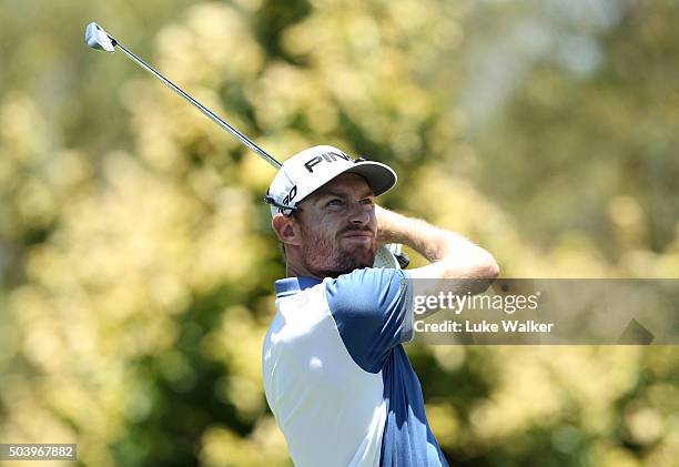 Rhys Davies of Wales plays his tee shot on the 17th hole during the 2nd round of the BMW South African Open Championship at Glendower Golf Club on...