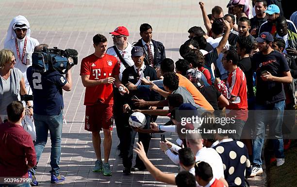 Robert Lewandowski is seen with fans during a training session at day three of the Bayern Muenchen training camp at Aspire Academy on January 8, 2016...