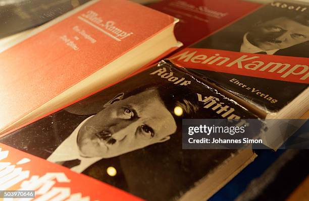 Historic copies of Adolf Hitler's "Mein Kampf" are displayed during the book launch of a new critical edition at the Institut fuer Zeitgeschichte on...