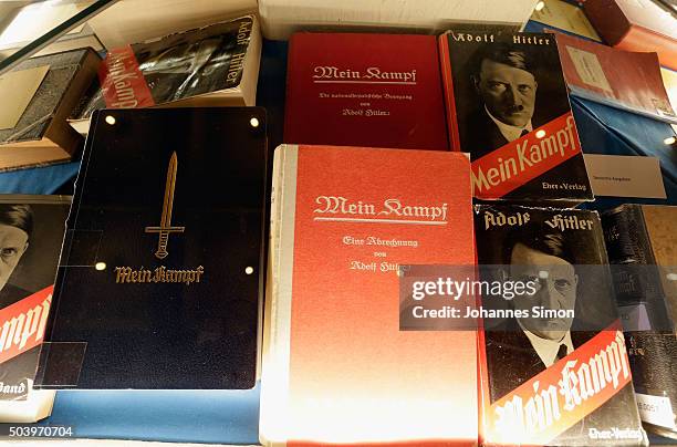 Historic copies of Adolf Hitler's "Mein Kampf" are displayed during the book launch of a new critical edition at the Institut fuer Zeitgeschichte on...