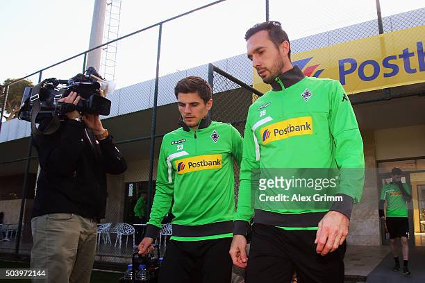 Jonas Hofmann and Martin Stranzl arrive for a Borussia Moenchengladbach training session on day 3 of the Bundesliga Belek training camps at Maxx...