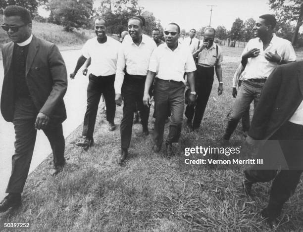 Civil rights leaders Floyd B. McKissick , Dr. Martin Luther King Jr. And Stokely Carmichael during march through Mississippi to encourage voter...