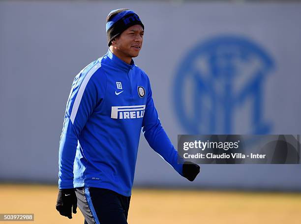 Fredy Guarin looks on during the FC Internazionale training session at the club's training ground at Appiano Gentile on January 8, 2016 in Como,...