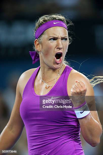 Victoria Azarenka of Belarus celebrates a point in her semi final match against Samantha Crawford of the USA during day six of the 2016 Brisbane...