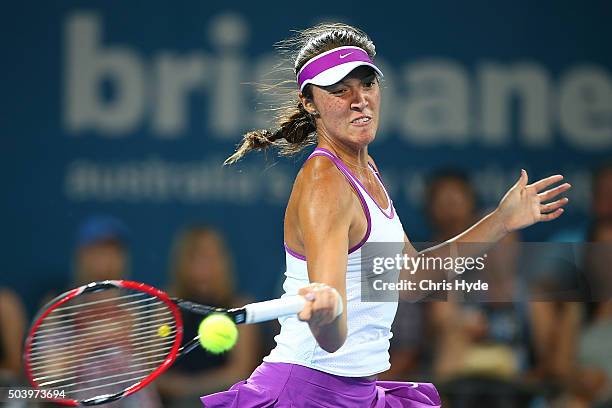 Samantha Crawford of the USA plays a forehand in her semi final match against Victoria Azarenka of Belarus during day six of the 2016 Brisbane...