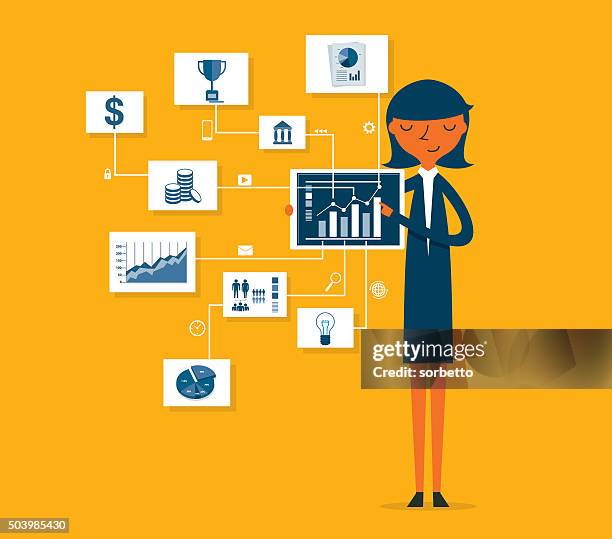 businesswoman pointing at chart and presentation - explaining stock illustrations