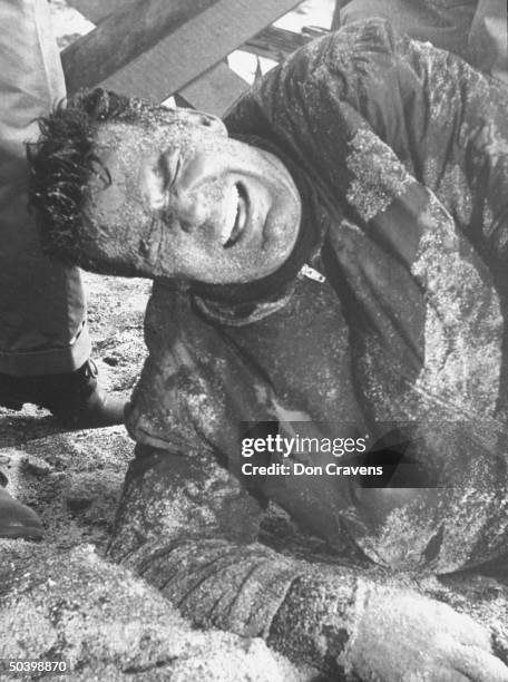 Actor, James Garner, grimaces in pain when he is really injured while filming a movie.