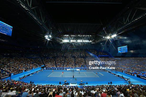 General view of play during the mixed doubles match between Daria Gavrilova and Nick Kyrgios of Australia Green and Caroline Garcia and Kenny De...