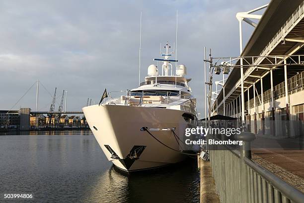 Yacht, manufactured by Sunseeker International Ltd., sits on display at the 2016 London Boat Show at the ExCel exhibition centre in London, U.K., on...