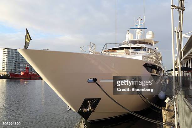 Yacht, manufactured by Sunseeker International Ltd., sits on display at the 2016 London Boat Show at the ExCel exhibition centre in London, U.K., on...