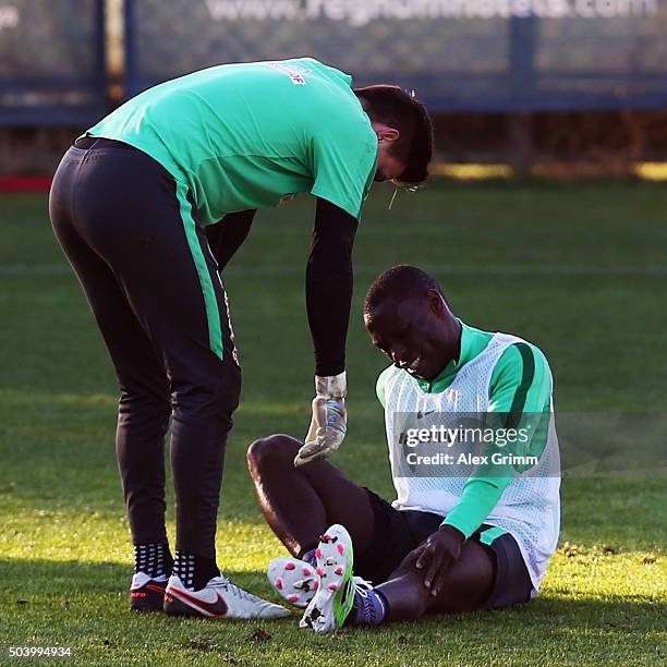 Anthony Ujah reacts after being injured during a Werder Bremen training session on day 3 of the Bundesliga Belek training camps at Regnum Sports...