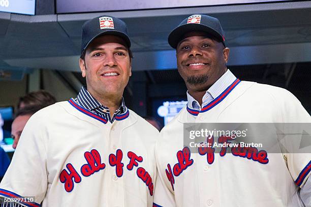 Former Major League Baseball players Mike Piazza and Ken Griffey Jr. Pose for a photo after ringing the opening bell at the New York Stock Exchange...