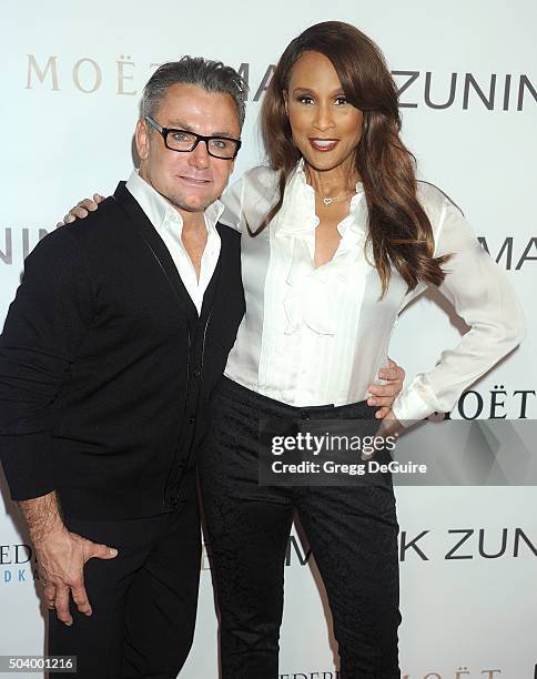 Mark Zunino and Beverly Johnson arrive at the Mark Zunino Atelier Opening at Mark Zunino Atelier on January 7, 2016 in Beverly Hills, California.