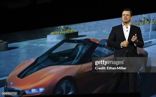 Senior Vice President of Brand Management for BMW Group Steven Althaus speaks during a keynote address by Samsung SDS President Dr. WP Hong at CES...