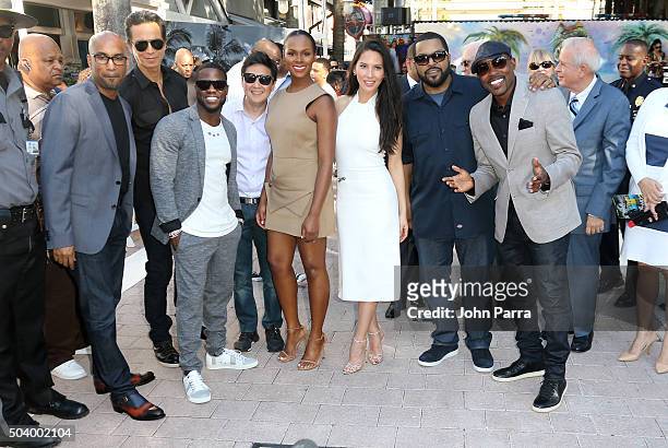 Tim Story, Benjamin Bratt, Kevin Hart, Ken Jeong, Tika Sumpter, Olivia Munn, Ice Cube and Will Packer are seen receiving a star on the Miami Walk of...