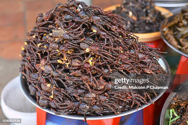 freshly deep fried tarantulas, skuon, cambodia - cambodia food stock pictures, royalty-free photos & images