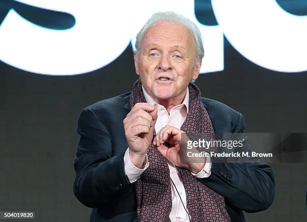 Actor Anthony Hopkins, speaks onstage during The Dresser panel as part of the Starz portion of This is Cable 2016 Television Critics Association...