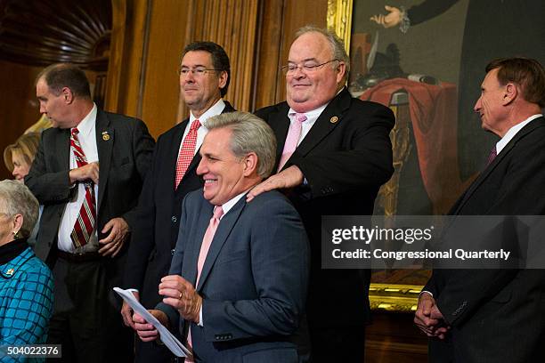 Rep. Billy Long, R-Mo., jokes with Majority Leader Kevin McCarthy, R-Calif., before a signing ceremony for the "Restoring Americans Healthcare...