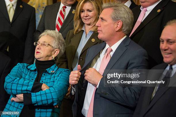 Rep. Virginia Foxx, R-N.C., makes a mean mug while joking around alongside Majority Leader Kevin McCarthy, R-Calif., before a signing ceremony for...