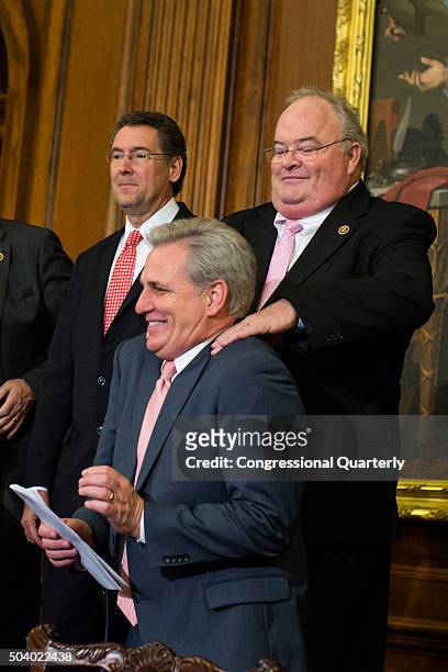 Rep. Billy Long, R-Mo., jokes with Majority Leader Kevin McCarthy, R-Calif., before a signing ceremony for the "Restoring Americans Healthcare...