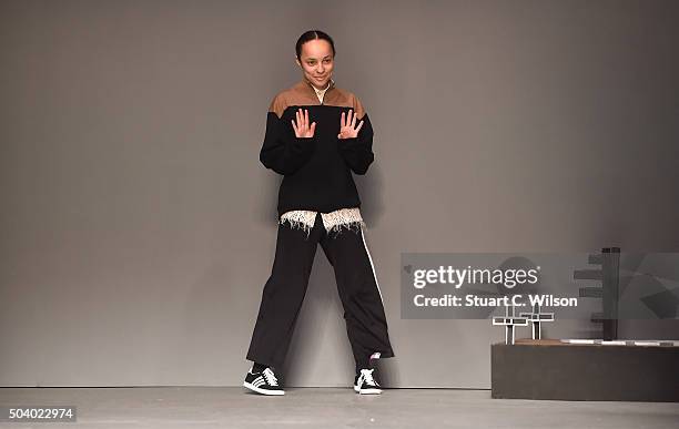 Fashion designer Grace Wales Bonner on the runway during the MAN show at the London Collections Men AW16 at the Topman Show Space on January 8, 2016...