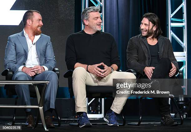 Actors Toby Stephens, Ray Stevenson and Zach McGowan speak onstage during the Black Sails panel as part of the Starz portion of This is Cable 2016...