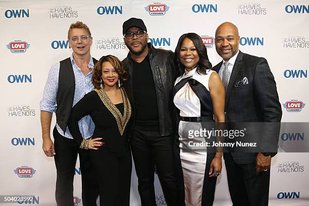 Actor John Schneider, actress Kendra C. Johnson, director and producer Tyler Perry, actress Angela Robinson and actor Palmer Williams attend the OWN...