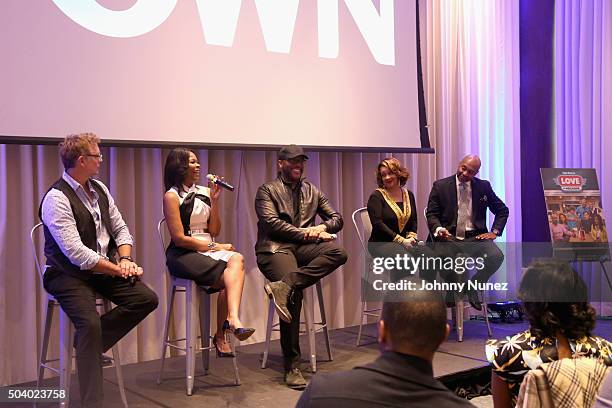 Actor John Schneider, actress Angela Robinson, director and producer Tyler Perry, actress Kendra C. Johnson, and actor Palmer Williams attend the OWN...