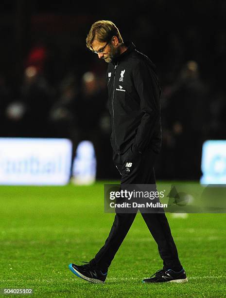 Jurgen Klopp manager of Liverpool looks thoughtful prior to the Emirates FA Cup third round match between Exeter City and Liverpool at St James Park...