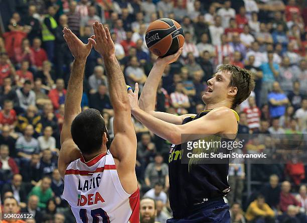 Jan Vesely of Fenerbahce Istanbul in action against Branko Lazic of Crvena Zvezda Belgrade during the Turkish Airlines Euroleague Basketball Top 16...