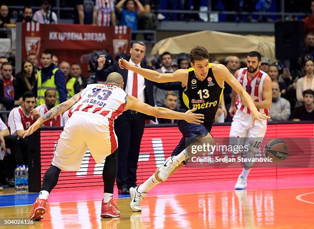 Bogdan Bogdanovic of Fenerbahce Istanbul in action against Maik Zirbes of Crvena Zvezda Belgrade during the Turkish Airlines Euroleague Basketball...