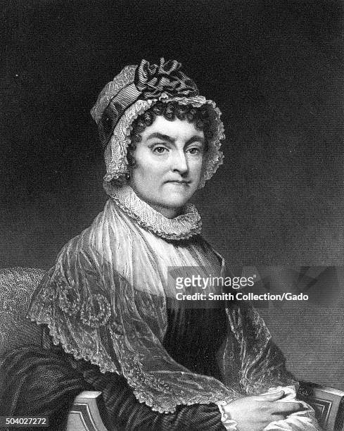Abigail Adams, seated portrait, steel plate engraving of First Lady and wife of United States President John Adams, with a severe facial expression,...