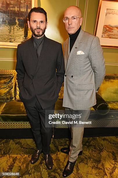 Carlo Brandelli and Dylan Jones attend a cocktail reception hosted by the Woolmark Company, Pierre Lagrange and the Savile Row Bespoke Association to...