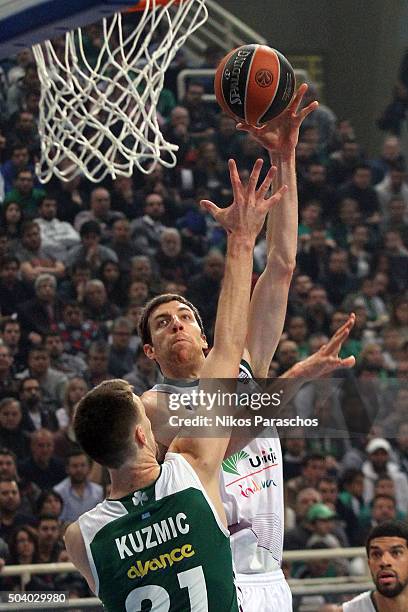 Fran Vazquez, #17 of Unicaja Malaga in action during the Turkish Airlines Euroleague Basketball Top 16 Round 2 game between Panathinaikos Athens v...