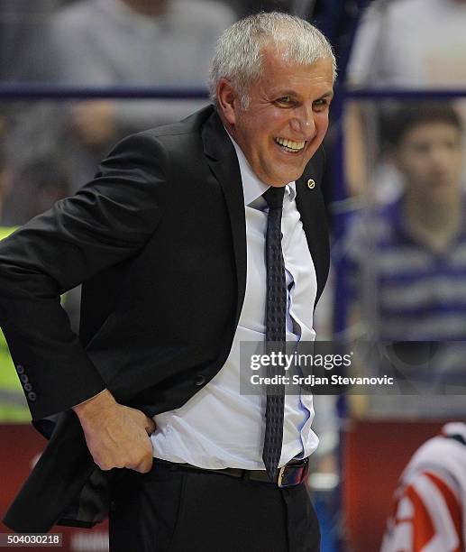 Head coach Zeljko Obradovic of Fenerbahce Istanbul smiles during the Turkish Airlines Euroleague Basketball Top 16 Round 2 game between Crvena Zvezda...