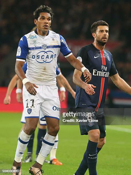 Thiago Motta of Paris Saint-Germain in action with Brandao of SC Bastia during the French Ligue 1 between Paris Saint-Germain and SC Bastia at Parc...