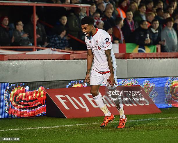 Jerome Sinclair of Liverpool clebrates after scoring an equalising goal during the Emirates FA Cup third round match between Exeter City and...