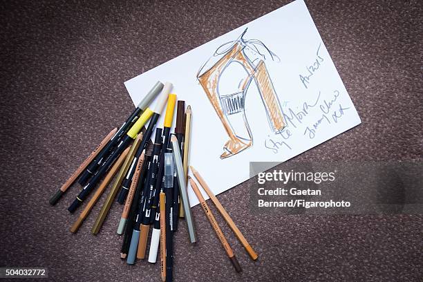 Sketch by the niece and creative director of Jimmy Choo, Sandra Choi is photographed for Madame Figaro on July 7, 2015 in France. CREDIT MUST READ:...