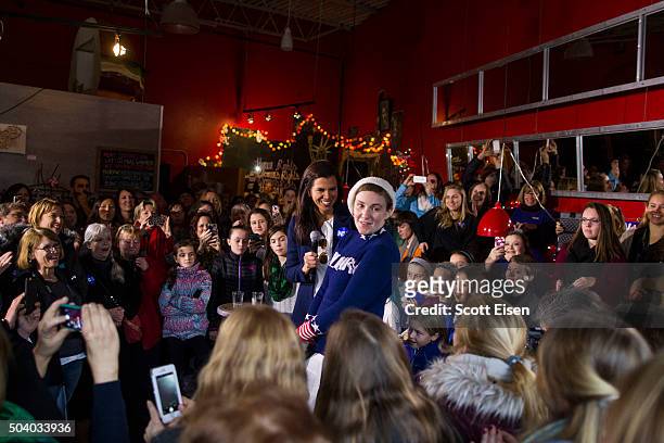 Screenwriter and actress Lena Dunham speaks to a crowd at a Hillary Clinton for President event on January 8, 2016 in Manchester, New Hampshire....