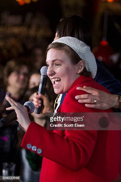 Screenwriter and actress Lena Dunham speaks to a crowd at a Hillary Clinton for President event on January 8, 2016 in Manchester, New Hampshire....