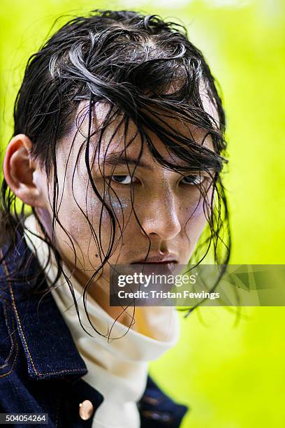 Model at the Alex Mullins presentation during The London Collections Men AW16 at Victoria House on January 8, 2016 in London, England.