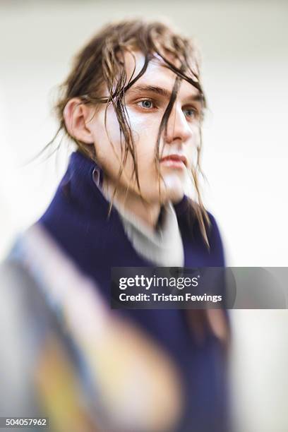 Model at the Alex Mullins presentation during The London Collections Men AW16 at Victoria House on January 8, 2016 in London, England.