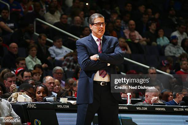 Randy Wittman of the Washington Wizards is seen during the game against the Toronto Raptors on January 8, 2016 at Verizon Center in Washington, DC....