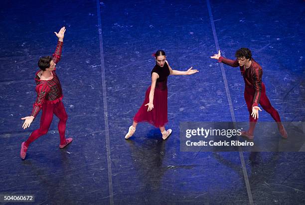 Dancers perform on stage during the Grand Gala of the Paris Opera National Ballet. Renowned and talented Etoiles and Soloists perform a selection of...